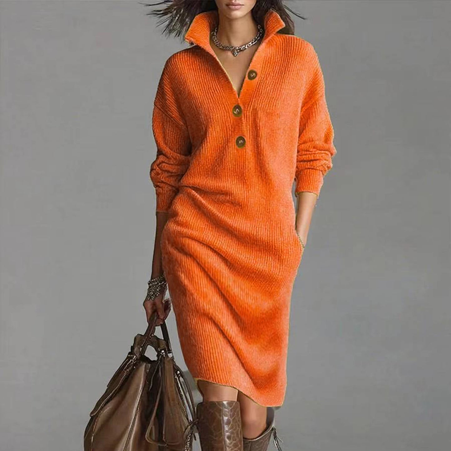 Casual Button Loose Mid-Length Knitting Sweater Dress