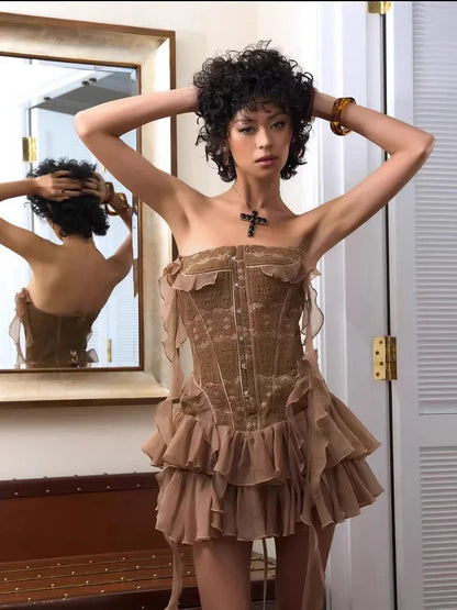 Bronze Belle Strapless Ruffle Dress