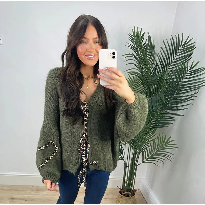 Leopard Lace-Up V-Neck Cardigan