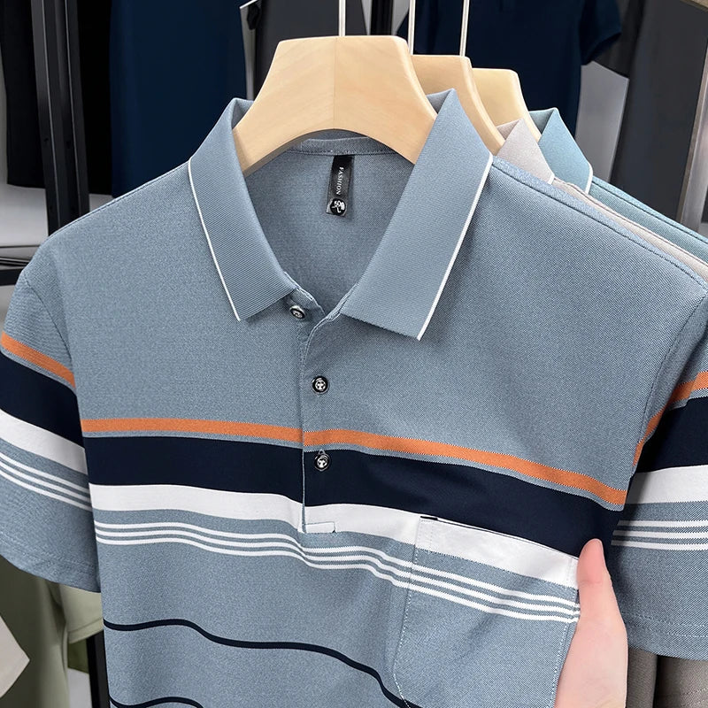Luxury Color-Block Striped Polo Shirt