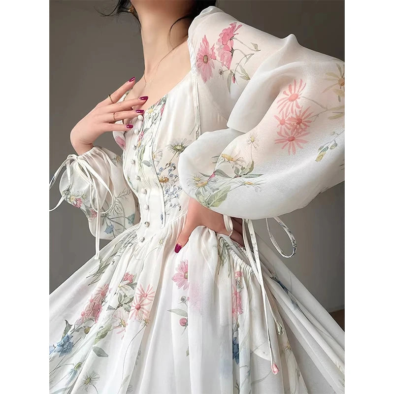 Vintage Square Neck Floral Dress