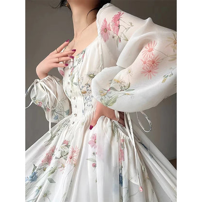 Vintage Square Neck Floral Dress