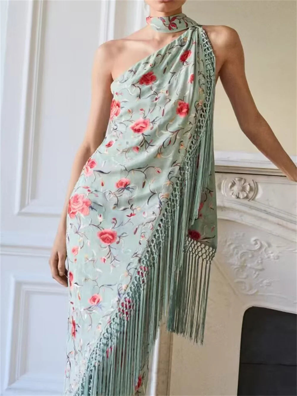 Tassel Glow One-Shoulder Maxi Dress