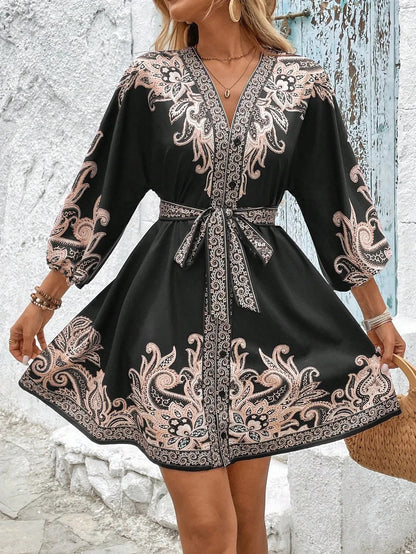 Golden Breeze V-Neck Tie Dress
