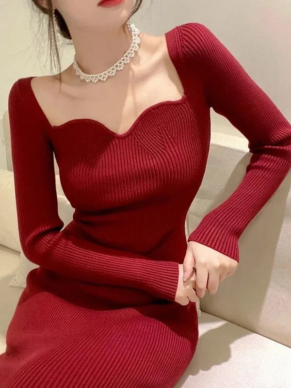 VitaKnit V-Neck Bodycon Sweater Dress