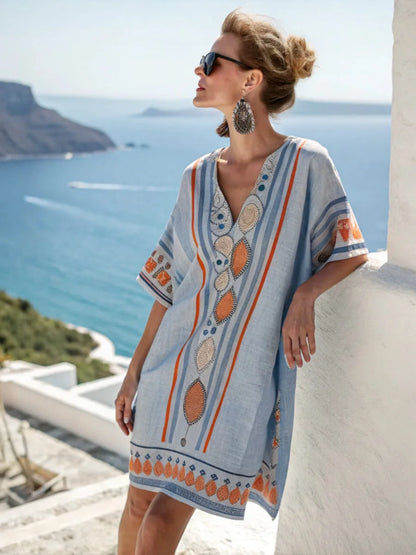 Coastal Bloom V-Neck Holiday Dress