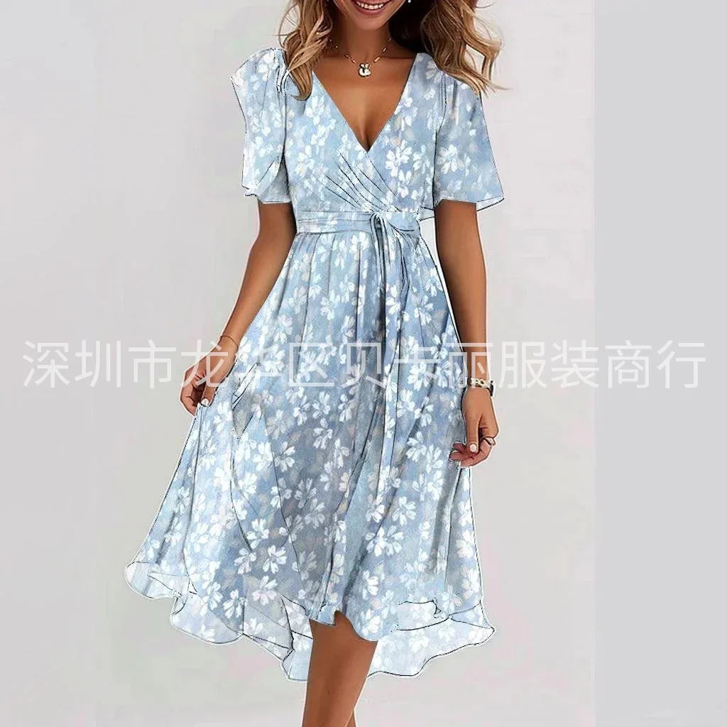 Printed V-Neck Knee Dress