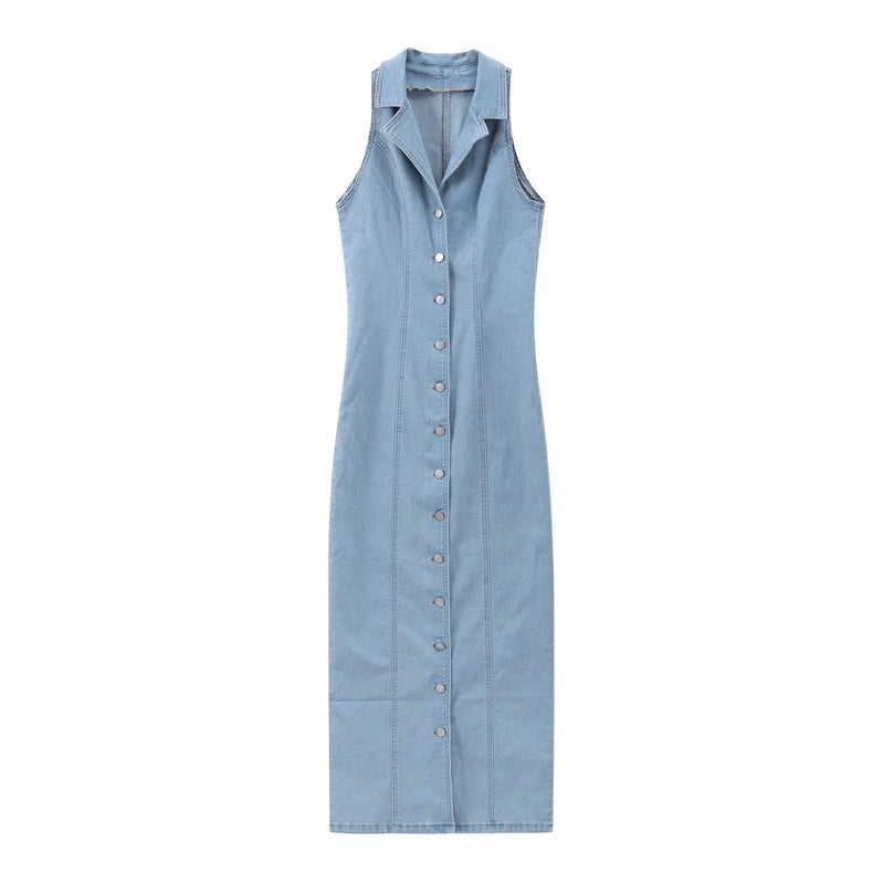 Urban Edge Denim Slit Maxi Dress