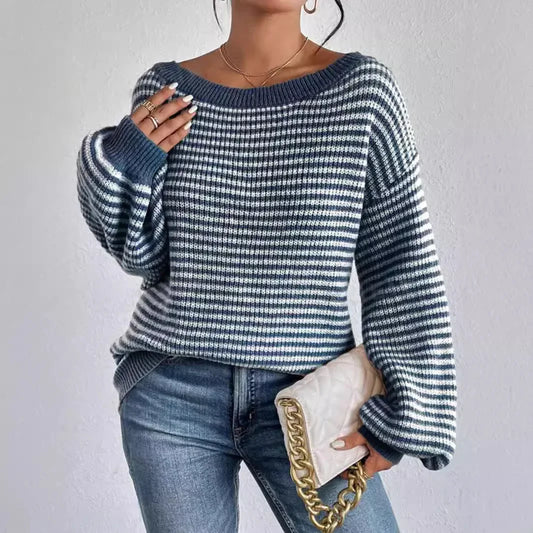 Stripe Lace Lantern Sleeve Knit Top