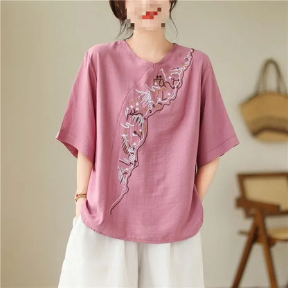 Lotus Whisper Embroidered Tea Blouse