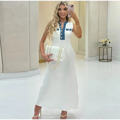 Elegant Knit Denim Splice Midi Dress