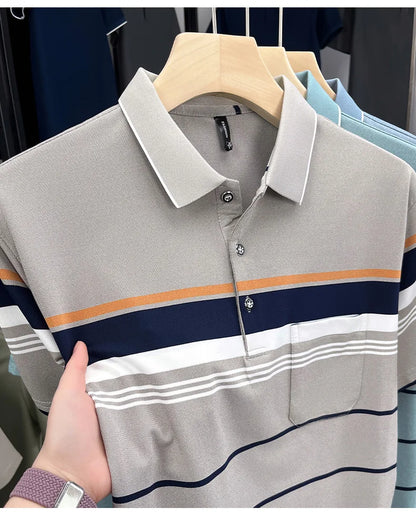 Luxury Color-Block Striped Polo Shirt