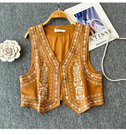 Retro Khaki Embroidered Travel Vest