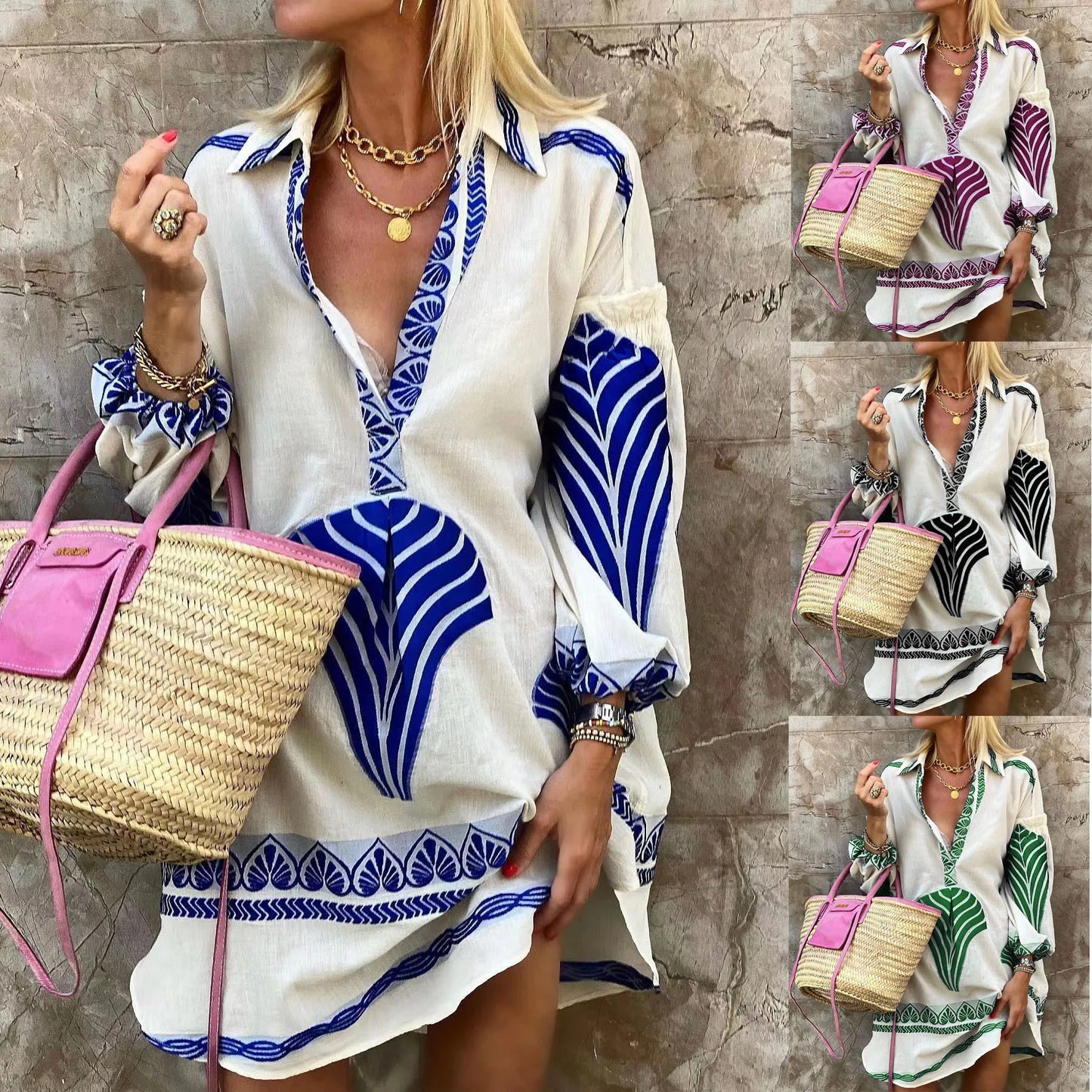 V-Neck Long Shirt Midi Dress