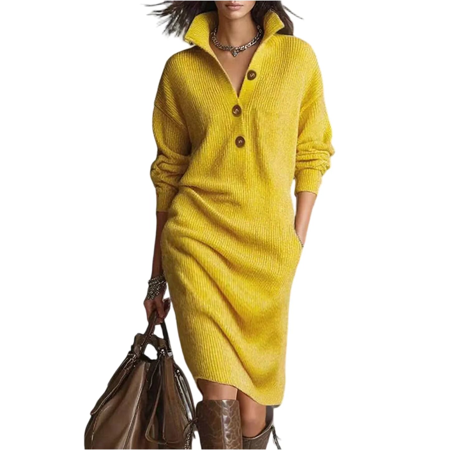 Casual Button Loose Mid-Length Knitting Sweater Dress