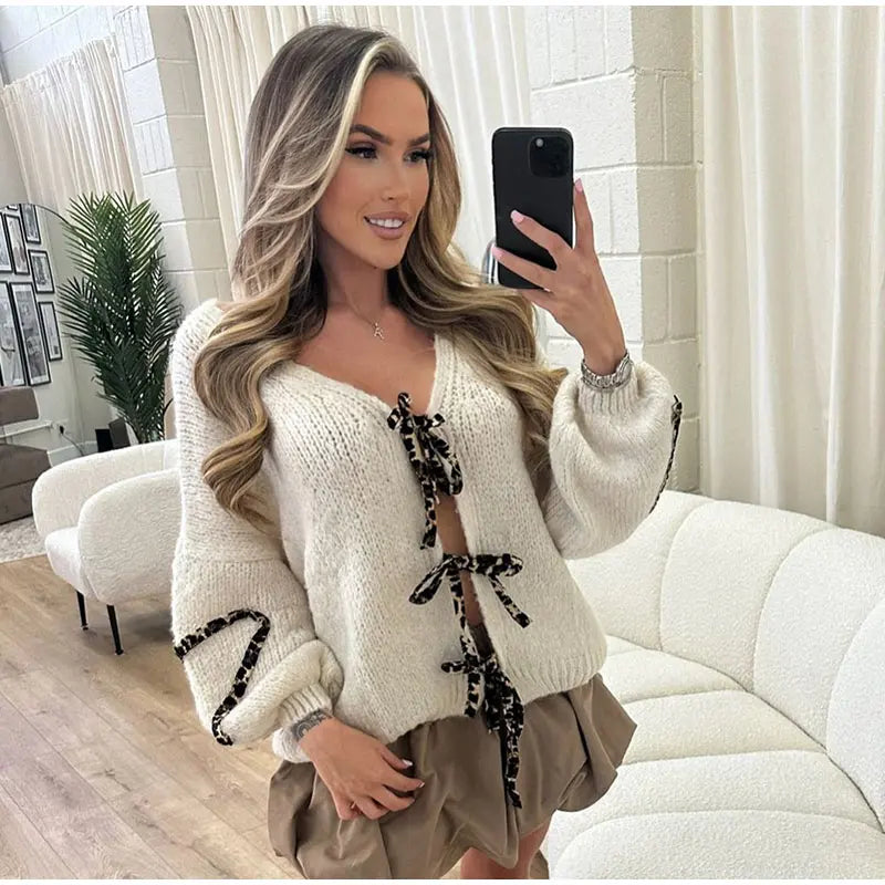 Leopard Lace-Up V-Neck Cardigan