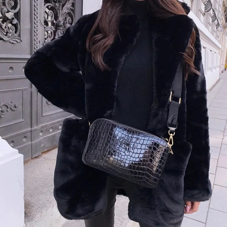 Woven Block Long Faux Fur Coat