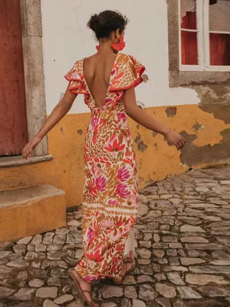 Backless Ruffle V-Neck Maxi Dress