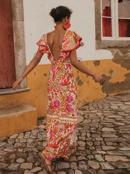 Backless Ruffle V-Neck Maxi Dress