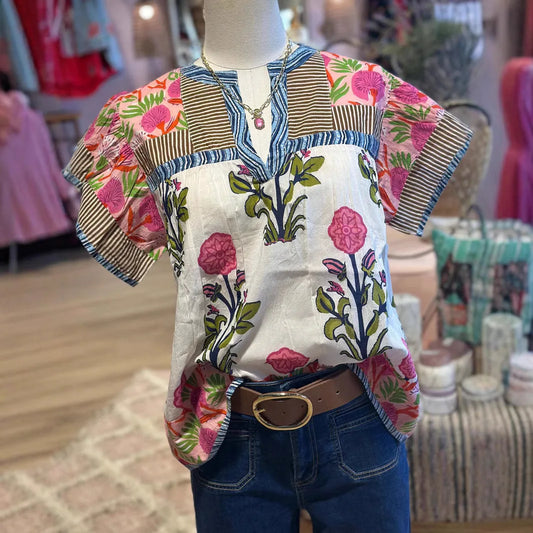 Floral Splice V Neck Casual Tee