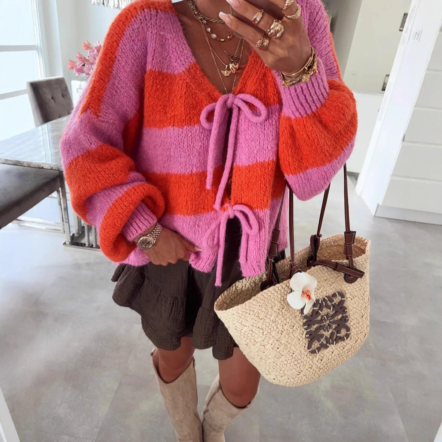 Knitted Open Cardigan Round Neck