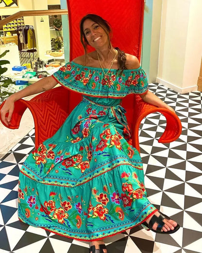 Red Bloom One-Shoulder Swing Dress