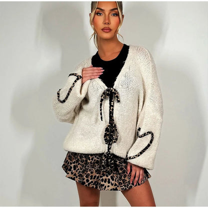Leopard Lace-Up V-Neck Cardigan