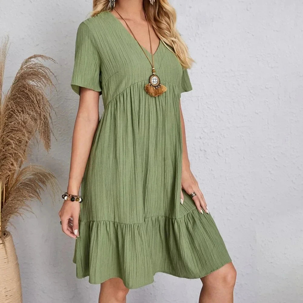 Solid V-Neck Beach Dress