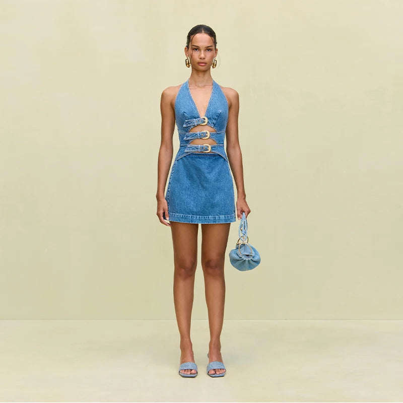 Ocean Glow Halter Denim Mini Dress
