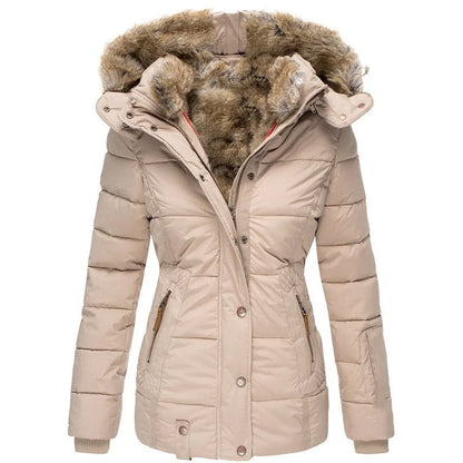 Autumn Winter Plush Lining Hooded Cotton Jacket