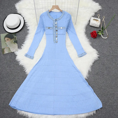 Slim Swing Maxi Dress — Knitted Denim Long Sleeve