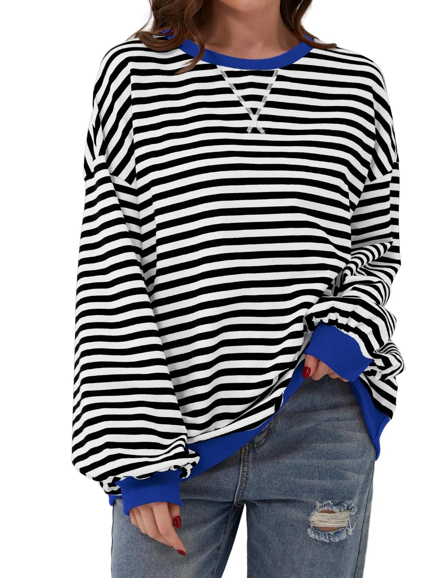 Women's Striped Crew Neck Long Sleeve Pullover Sweater for Fall/Winter Homewear