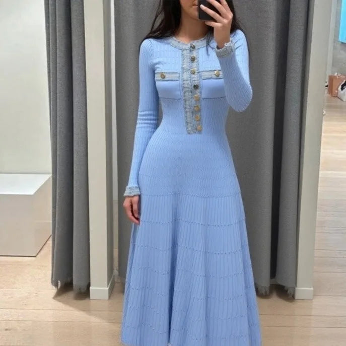 Slim Swing Maxi Dress — Knitted Denim Long Sleeve