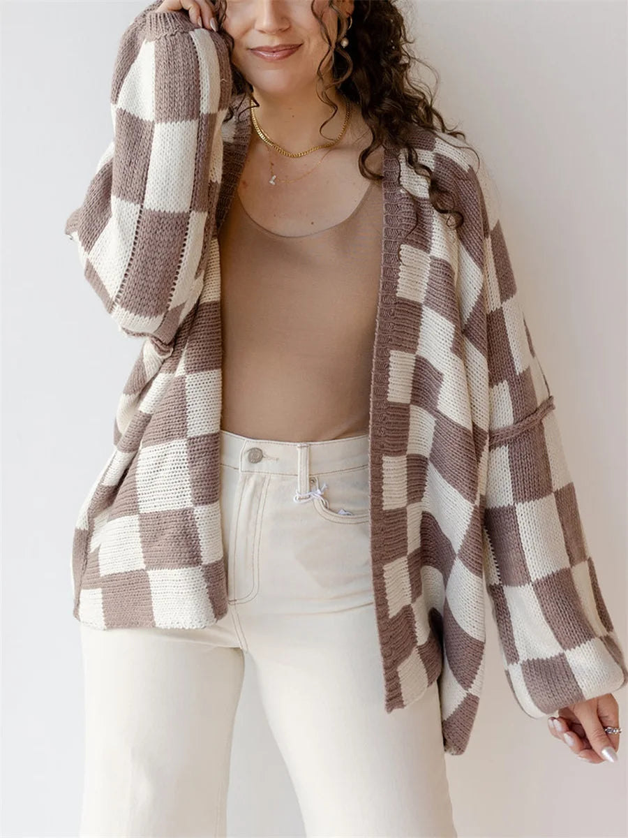 Plaid Ease Oversized Open Front Cardigan