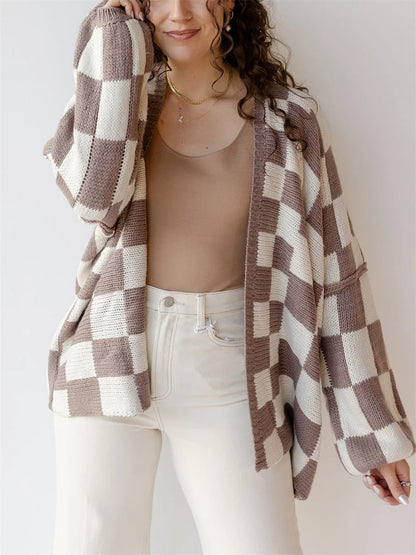 Plaid Ease Oversized Open Front Cardigan
