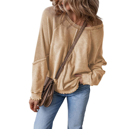 Patchwork Charm Waffle Knit Pullover