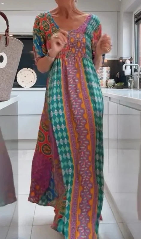 Boho Grace Retro V-Neck Dress