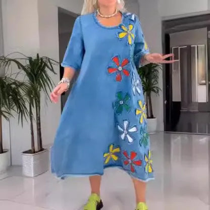 Elegant Floral Patch A-line Midi Dress