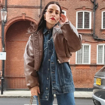 Vintage O-Neck Leather Jacket