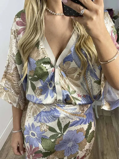 Sophisticated Printed V-Neck Skirt Set