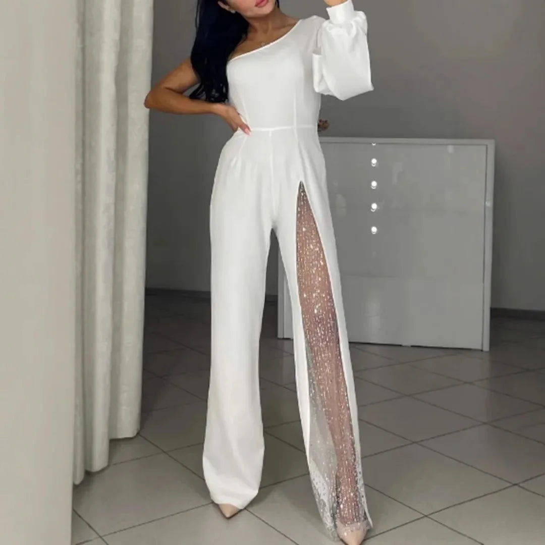 Glam Split Sequin One Shoulder Jumpsuit