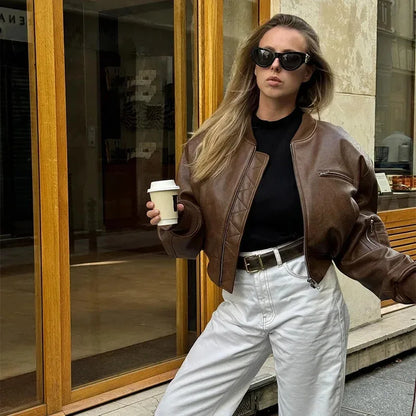 Vintage O-Neck Leather Jacket