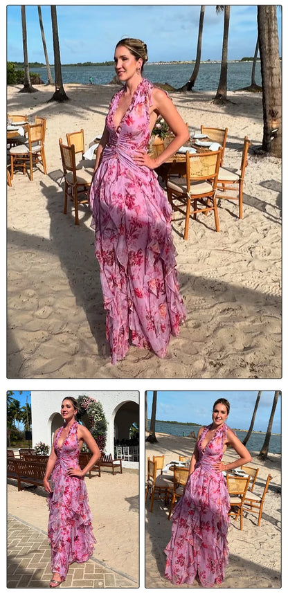 Rose Radiance Halter Slit Gown