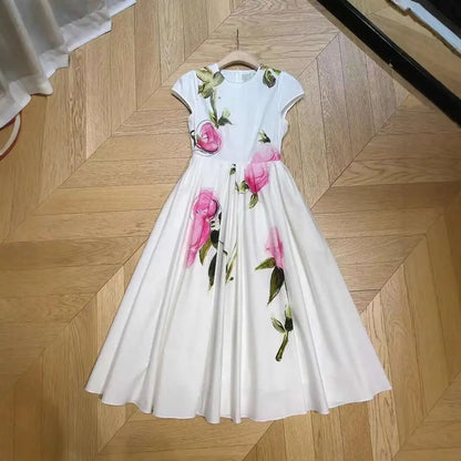 Flora Retro Pleated Satin Midi Dress