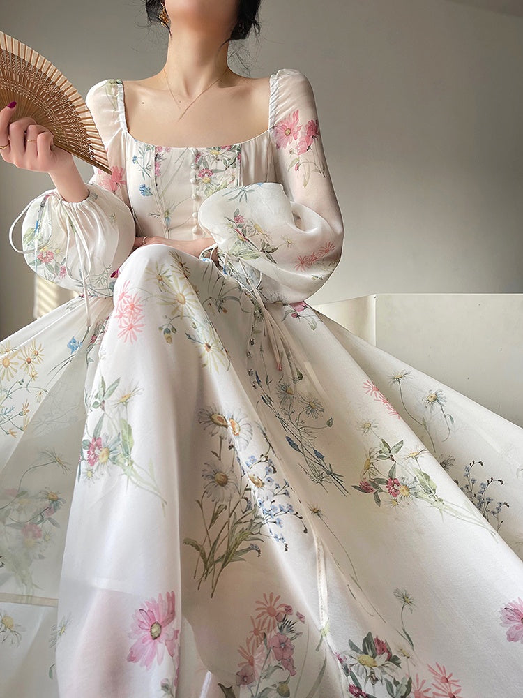 Vintage Square Neck Floral Dress