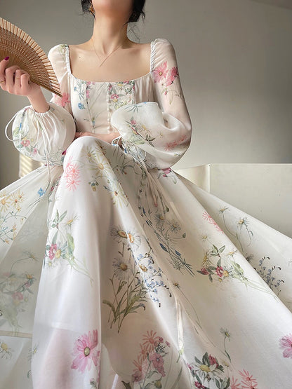 Vintage Square Neck Floral Dress