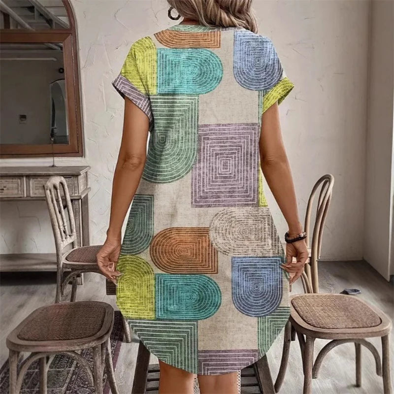 Chic Geo Print V Neck Button Dress