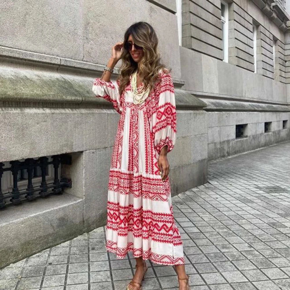 Geometric Print Bubble Sleeve Dress
