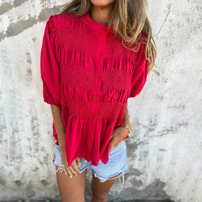 Lantern Sleeve Stand Collar Blouse