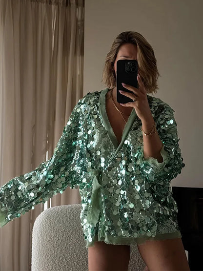 Sequin Lace-Up V-Neck Cardigan